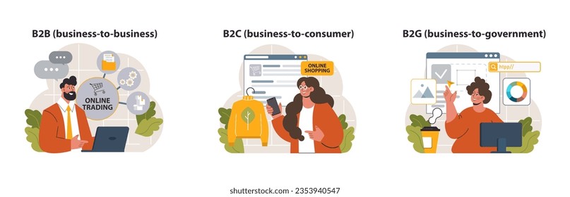 E-store and e-commerce set. Entrepreneur selling goods and gaining profit on digital platform. Brand development and online promotion. Dropshipping business model. Flat vector illustration