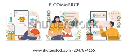E-store and e-commerce set. Entrepreneur selling goods and gaining profit on digital platform. Brand development and online promotion. Dropshipping business model. Flat vector illustration