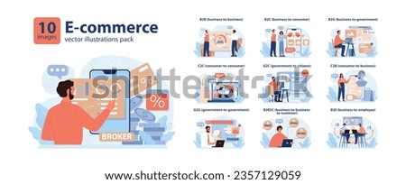 E-store and e-commerce set. Entrepreneur selling goods and gaining profit on digital platform. Brand development and online promotion. Dropshipping business model. Flat vector illustration