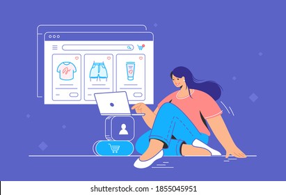 E-store and e-commerce website for shopping online. Flat line vector illustration of cute woman sitting alone with laptop and shopping online. Website window with goods in a cart on purple background