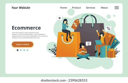 E-store and e-commerce website for shopping online. Flat line vector illustration of cute woman sitting alone with laptop and shopping online. Website window with goods in a cart on purple background