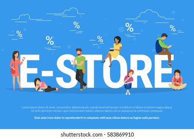 E-store online shopping concept illustration of people using mobile devices smartphone and digital tablet for online purchasing with discount and sale coupon. Flat young people doing shopping online