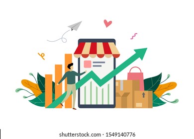 e-store profit, online shop growth. E-marketing income with small Successful businessman concept vector flat illustration, suitable for background, landing page, advertising illustration