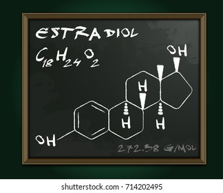 Estradiol molecule image. Vector illustration handwritten on a dark grey background. Chemistry, biology, medicine and healthcare concept with chalk handwriting. Medical class blackboard.