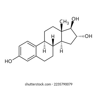 Molekulare Struktur von Estriol. Estriol ist ein Steroid, ein schwaches Östrogen und ein kleines weibliches Sexualhormon. Vektorstrukturformel aus chemischer Verbindung mit roten Bindungen und schwarzen Atometiketten.
