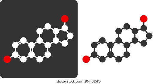 Estrogen (estradiol) Female Sex Hormone, Molecular Model, Flat Icon Style. Atoms Shown As Color-coded Circles (oxygen - Red, Carbon - White/grey, Hydrogen - Hidden).	