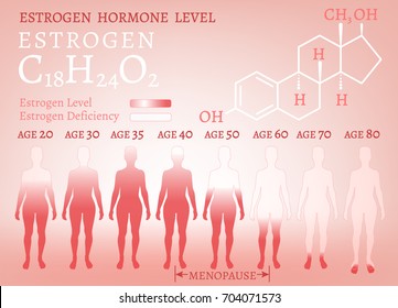 Estrogen hormone level infographic. Beautiful medical vector illustration with oestrogen moleculaar formula in pink colours. Scientific, educational and popular-scientific concept.