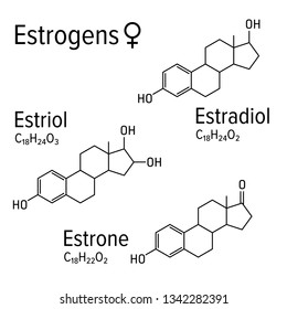Estrogens vector chemical formulas. Estradiol, estriol and estrone female steroid harmones. Chemical molecular model.