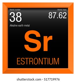 Estrontium symbol. Element number 38 of the Periodic Table of the Elements - Chemistry - Orange square frame with black background