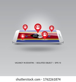ESVATINI job search icon on national flag. 3d image of telephone. Design for banners, posters, sites, advertising. Vector illustration. 