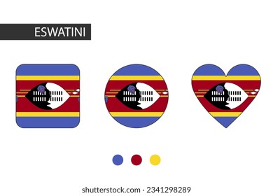 Eswatini 3 shapes (square, circle, heart) with city flag. Isolated on white background.