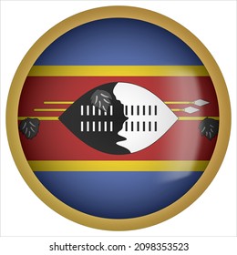 Eswatini 3D rounded Flag Button Icon with Gold Frame