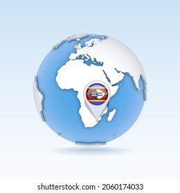 Eswatini - country map and flag located on globe, world map. Kingdom of Swaziland. 3D Vector illustration