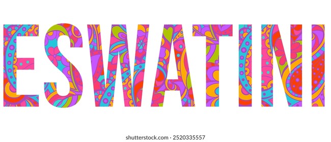 Eswatini creative country name text design filled with colorful doodle pattern	