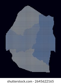 Eswatini dotted map. Digital style map of the country on dark background. Eswatini shape with square dots. Colored dots style. Small size squares. Simple vector illustration.