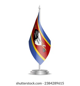 Eswatini flag - 3D mini flag hanging on desktop flagpole. Usable for summit or conference presentaiton. Vector illustration with shading.
