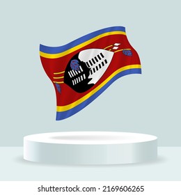Eswatini flag. 3d rendering of the flag displayed on the stand. Waving flag in modern pastel colors. Flag drawing, shading and color on separate layers, neatly in groups for easy editing.