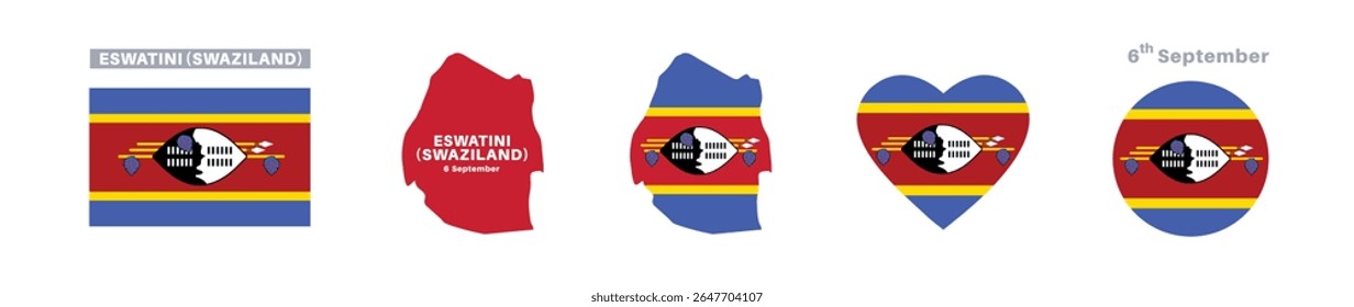 bandeira e conjunto de mapas do eswatini. bandeira da suazilândia em cores e proporções oficiais. dia da independência 6 de setembro , mapa, círculo e eswatini em forma de coração