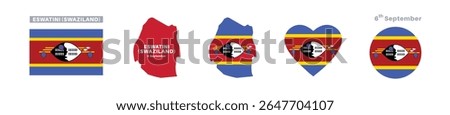eswatini flag and map set. swaziland flag in official colors and proportions. independence day 6 september , map, circle and heart shaped eswatini
