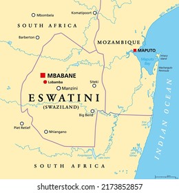 Eswatini, formerly named Swaziland, political map, with the capitals Mbabane (executive) and Lobamba (legislative). Landlocked country in Southern Africa, bordered by Mozambique and and South Africa.