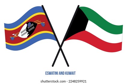 Eswatini and Kuwait Flags Crossed And Waving Flat Style. Official Proportion. Correct Colors.