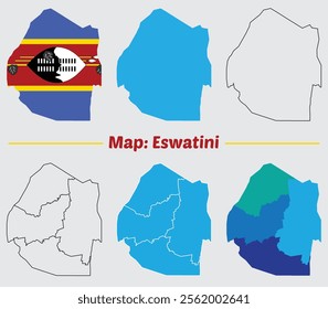 Eswatini map set. Eswatini map silhouette line country Africa map illustration vector outline.