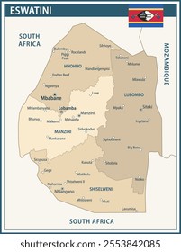 Eswatini Map Vector Vintage Dark Blue Beige - Customizable layered political map of Eswatini with administrative divisions for website, education, reports, news, politics, print, poster and wallpaper