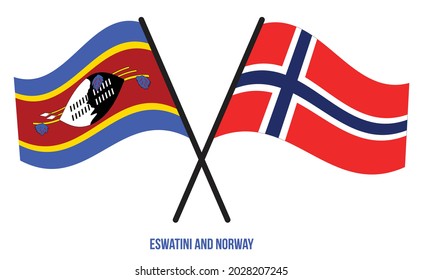 Eswatini and Norway Flags Crossed And Waving Flat Style. Official Proportion. Correct Colors.