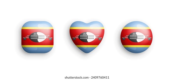 Eswatini Official National Flag 3D Vector Glossy Icons In Rounded Square, Heart And Circle Form Isolated On White Back. Eswatini Sign And Symbols Graphic Design Elements Volumetric Buttons Collection