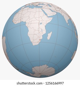 Eswatini on the globe. Earth hemisphere centered at the location of the Kingdom of Eswatini. Swaziland map.