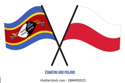 Eswatini and Poland Flags Crossed And Waving Flat Style. Official Proportion. Correct Colors.