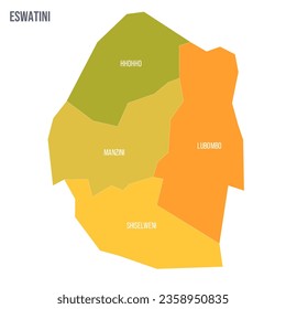 Eswatini political map of administrative divisions - regions. Colorful spectrum political map with labels and country name.