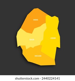 Eswatini political map of administrative divisions - regions. Yellow shade flat vector map with name labels and dropped shadow isolated on dark grey background.