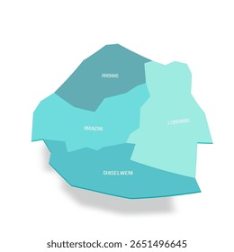 Mapa político de Essuatíni das divisões administrativas - regiões. Mapa de vetor turquesa 3D com rótulos de nome.