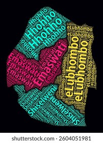 Eswatini Regions Word Clouds. Bright neon style design on dark background. Region names of the country in English language. Country shape with administrative division. Beautiful vector illustration.