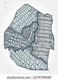 Eswatini regions word clouds. Country shape on textured background. Eswatini design in typographic style. Creative vector illustration.