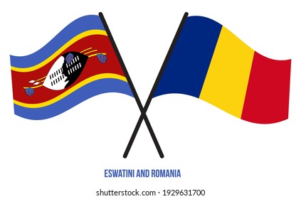 Eswatini and Romania Flags Crossed And Waving Flat Style. Official Proportion. Correct Colors.