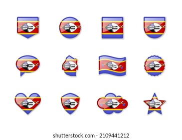 Eswatini - set of shiny flags of different shapes. Vector illustration