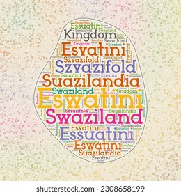 Eswatini shape with country names word cloud in multiple languages. Eswatini border map on artistic triangles scattered around. Attractive vector illustration.