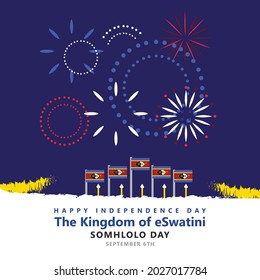 Eswatini or Swaziland independence day celebration illustration with its national flags, fireworks, and spears. African country national day.