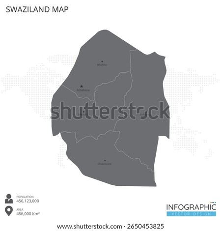 Eswatini or Swaziland map high detailed with regions and cities of the country on white background. Vector illustration EPS10.