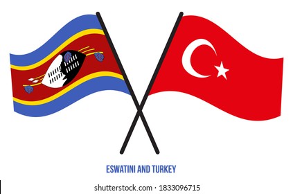 Eswatini and Turkey Flags Crossed And Waving Flat Style. Official Proportion. Correct Colors.