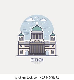 Esztergom Basilica - an ecclesiastic basilica in Esztergom, Hungary. The largest church and the tallest building in Hungary is the seat of the Catholic Church in Hungary. Vector icon in linear style