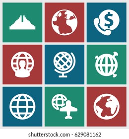 et of 9  filled icons such as globe, globe and plane, user globe, planet