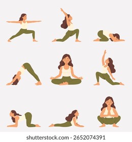 et of 9 illustrations: woman demonstrating various yoga poses (Warrior II, Lunge, Child's Pose, Downward Dog, Lotus, Cobra, Cat-Cow, Garland), in a modern flat style. Vector EPS 10