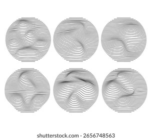 Conjunto de Diseños Abstractas de arte de línea circular con efecto de distorsión ondulada 3D en blanco y negro: Formas de Vector de ilusión óptica para gráficos modernos, visuales tecnológicos y proyectos creativos