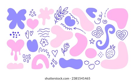 et of abstract design elements shapes and doodles. Pink and purple spots, lines and scribbles in flat style. Y2k aesthetics.  Collection of minimalistic geometric forms. Vector illustration