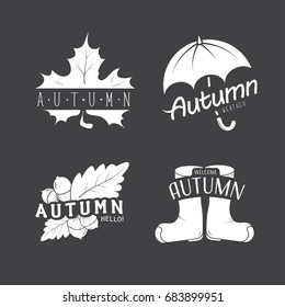 et of autumn emblems with a leaf, umbrella, leaves, acorns and boots. Welcome and the weather. Vector illustration
