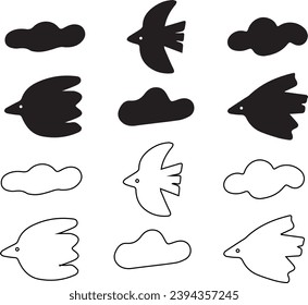 et of bird and cloud in naive style illustration design. Trendy childish hand drawn clip art for design