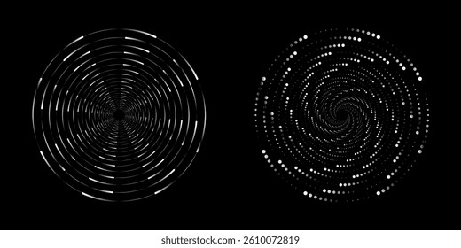 et of black thick halftone dotted speed lines. Speed lines in circle form. Geometric art. Design element for frame, logo, tattoo, web pages, prints, posters, template, abstract vector background.